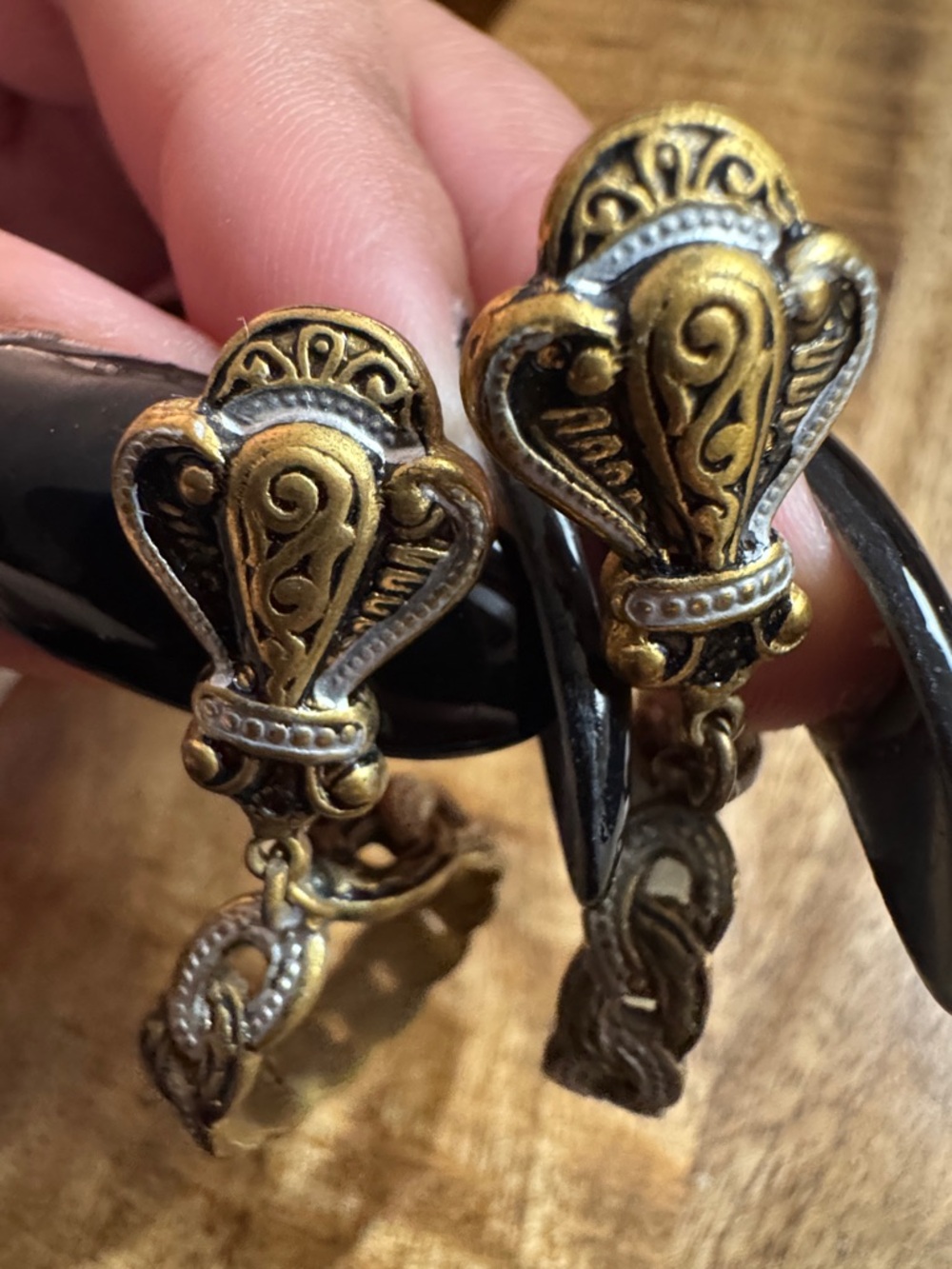 Antique Victorian style Brass Drop hoop Earrings - Gold and Silver Tones